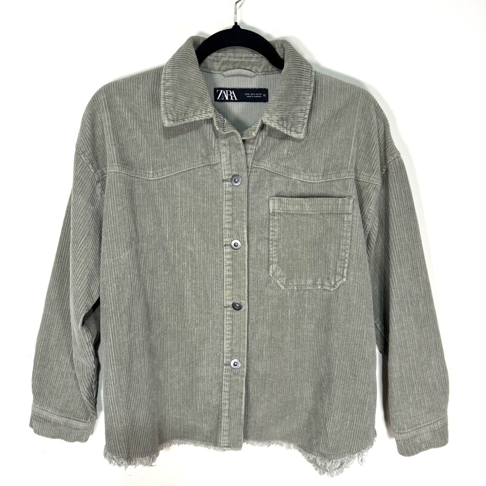 Zara Green Long Sleeve Corduroy Shirt Raw Hem Women's Small Pockets